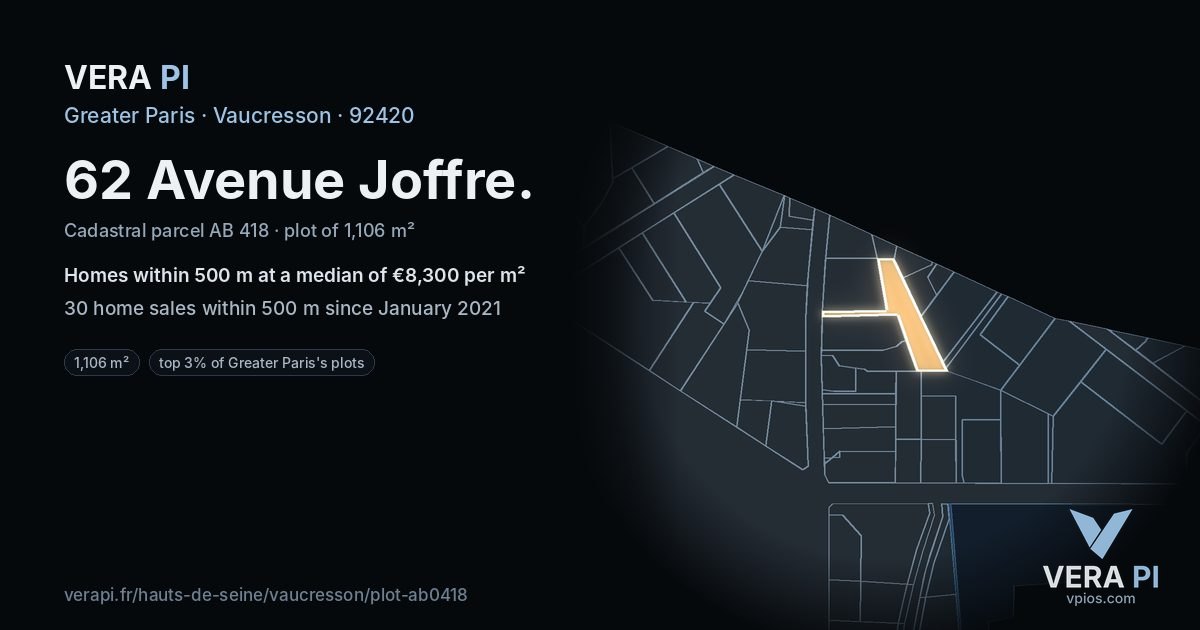 62 Avenue Joffre, Vaucresson at night – the plot lit, the parcels around coloured by the prices near them