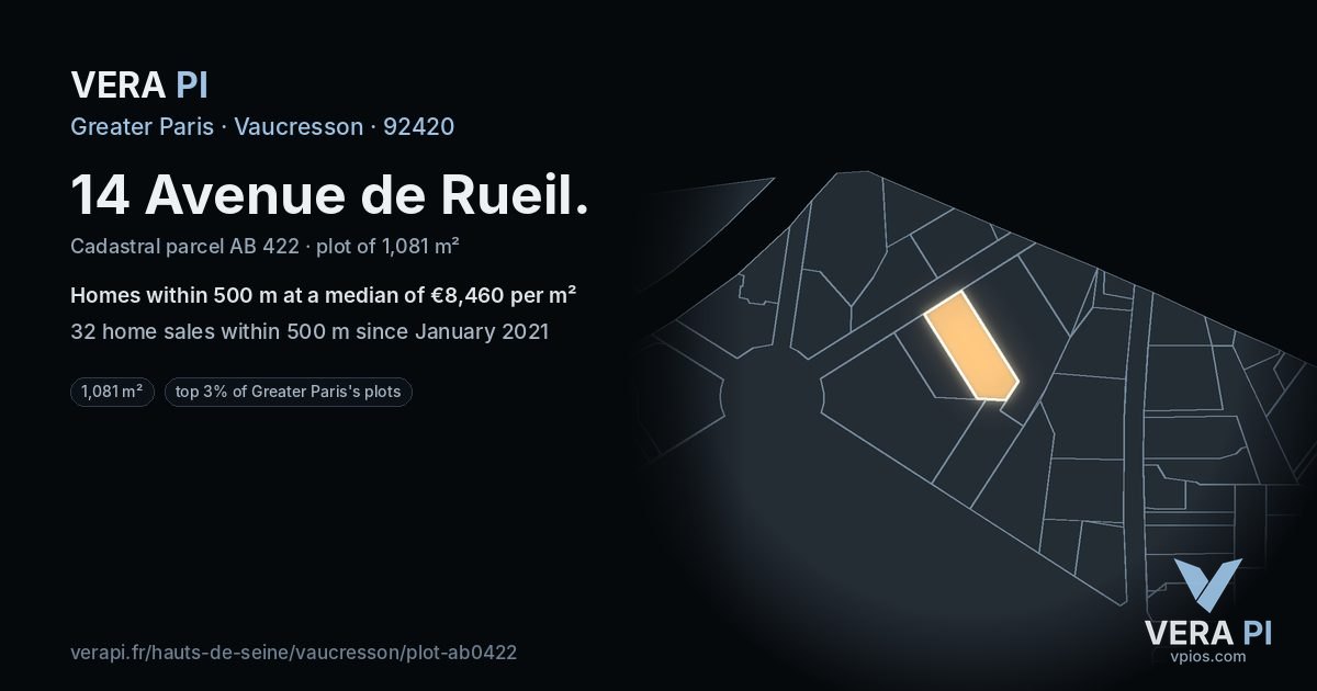 14 Avenue de Rueil, Vaucresson at night – the plot lit, the parcels around coloured by the prices near them