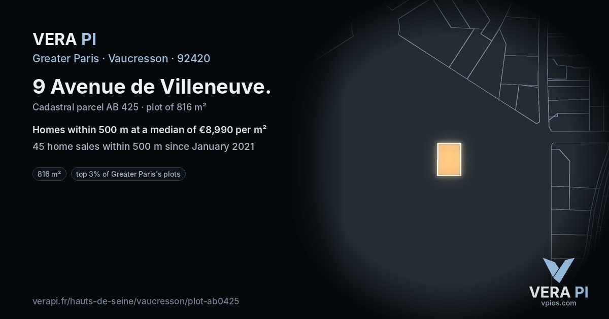 9 Avenue de Villeneuve, Vaucresson at night – the plot lit, the parcels around coloured by the prices near them