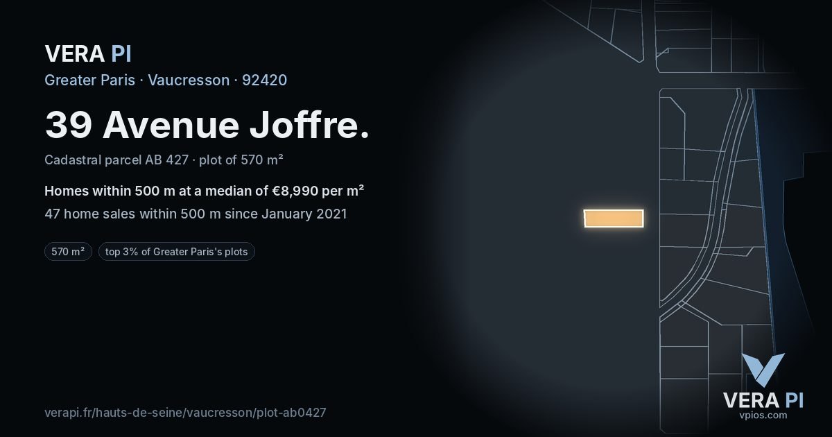 39 Avenue Joffre, Vaucresson at night – the plot lit, the parcels around coloured by the prices near them