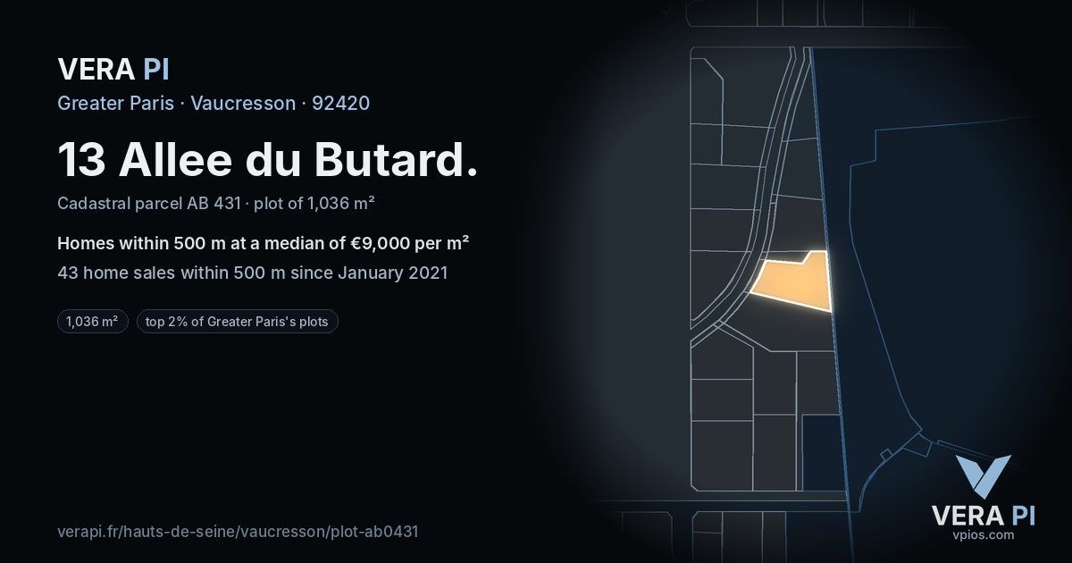 13 Allee du Butard, Vaucresson at night – the plot lit, the parcels around coloured by the prices near them