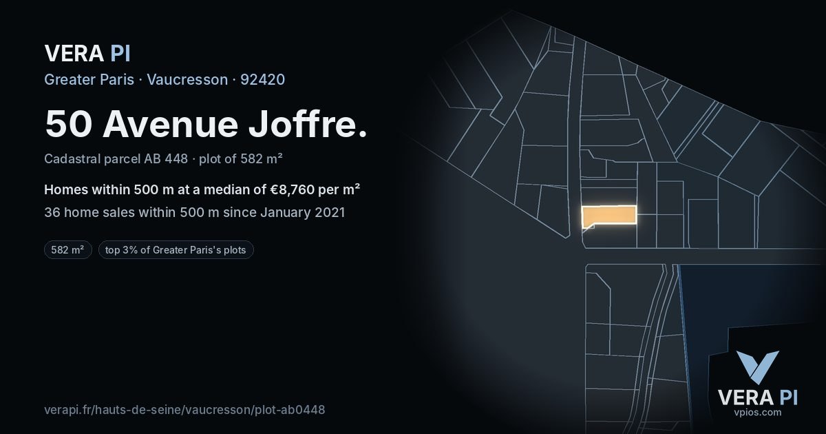 50 Avenue Joffre, Vaucresson at night – the plot lit, the parcels around coloured by the prices near them