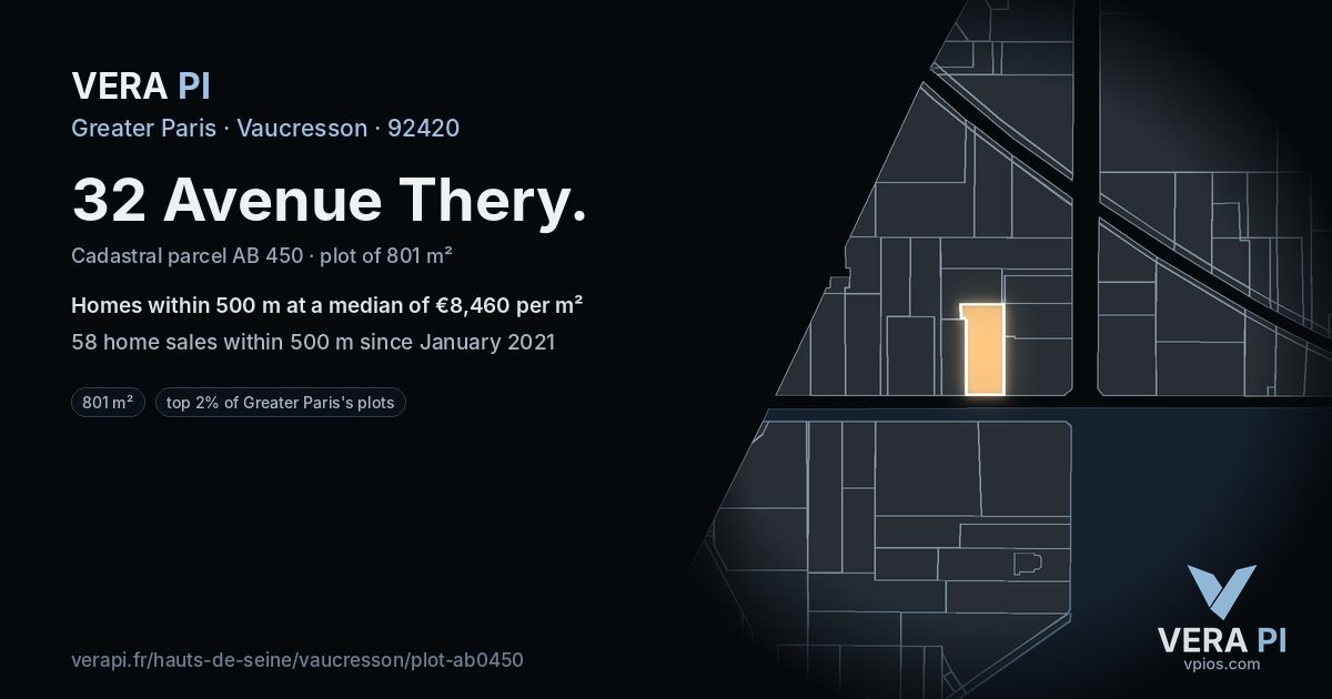32 Avenue Thery, Vaucresson at night – the plot lit, the parcels around coloured by the prices near them