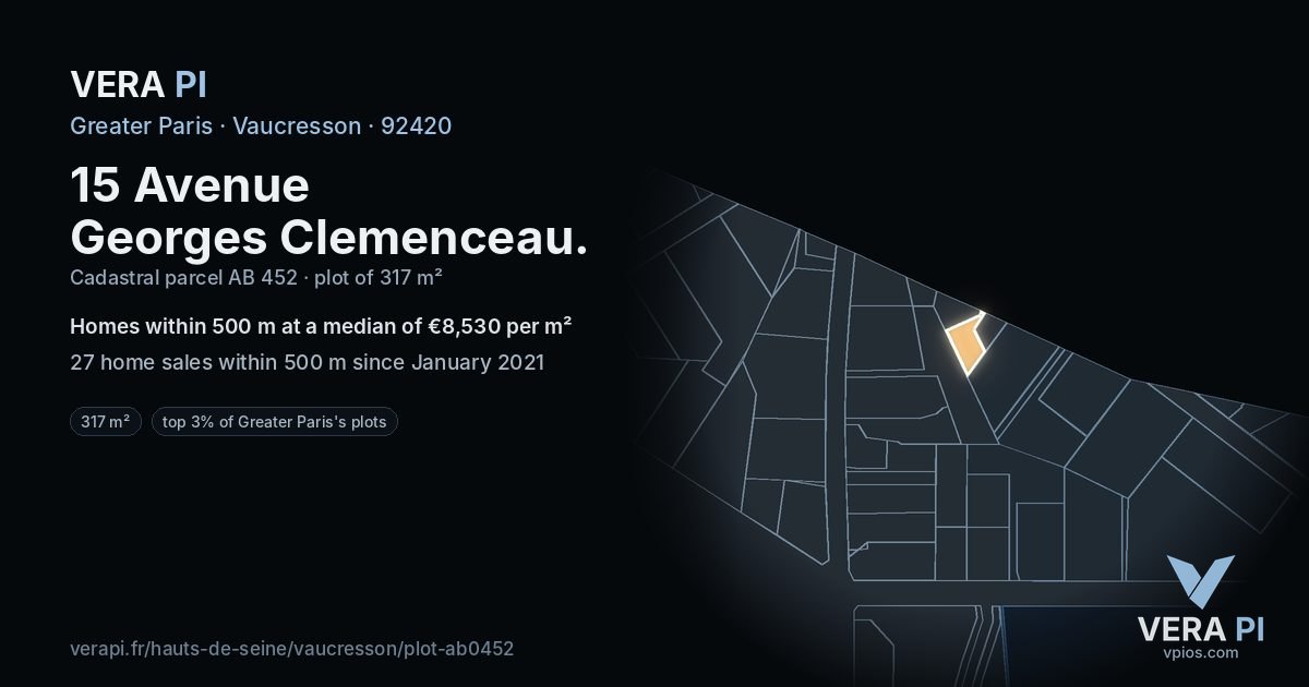 15 Avenue Georges Clemenceau, Vaucresson at night – the plot lit, the parcels around coloured by the prices near them