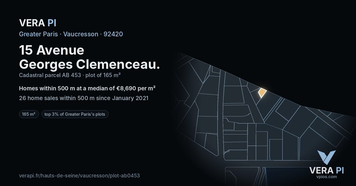 15 Avenue Georges Clemenceau, Vaucresson at night – the plot lit, the parcels around coloured by the prices near them