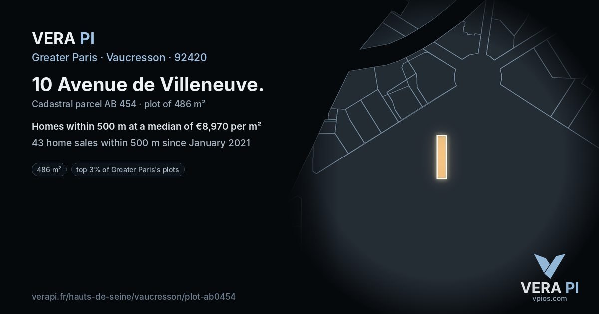 10 Avenue de Villeneuve, Vaucresson at night – the plot lit, the parcels around coloured by the prices near them