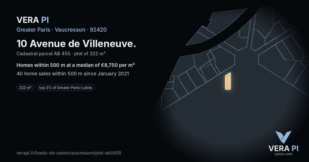 10 Avenue de Villeneuve, Vaucresson at night – the plot lit, the parcels around coloured by the prices near them