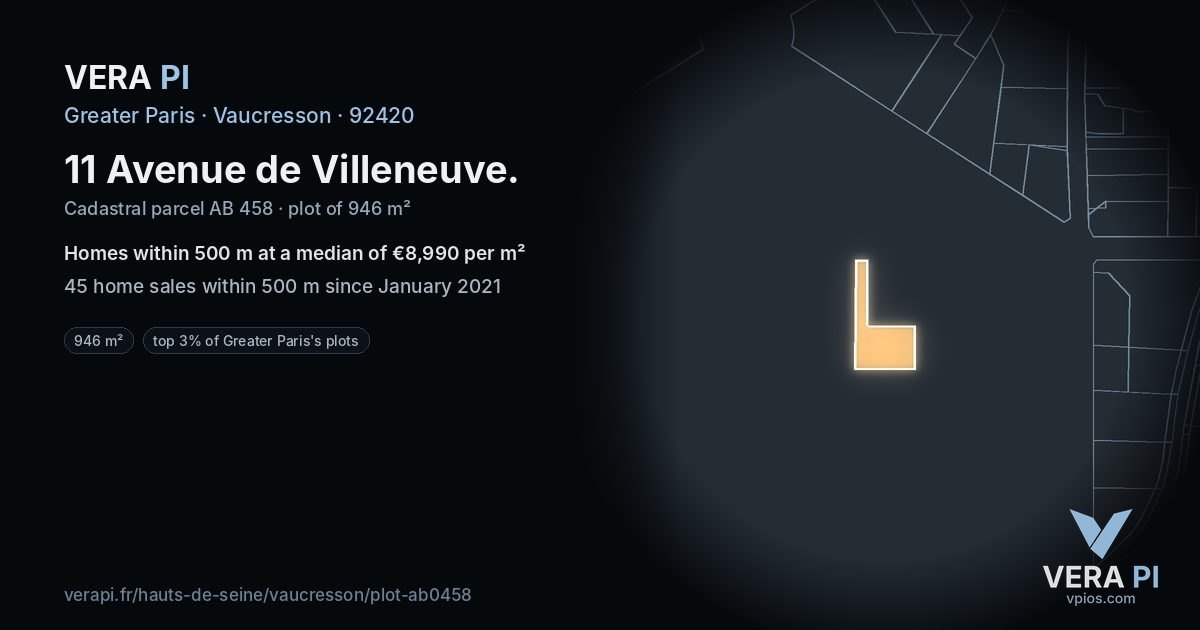 11 Avenue de Villeneuve, Vaucresson at night – the plot lit, the parcels around coloured by the prices near them