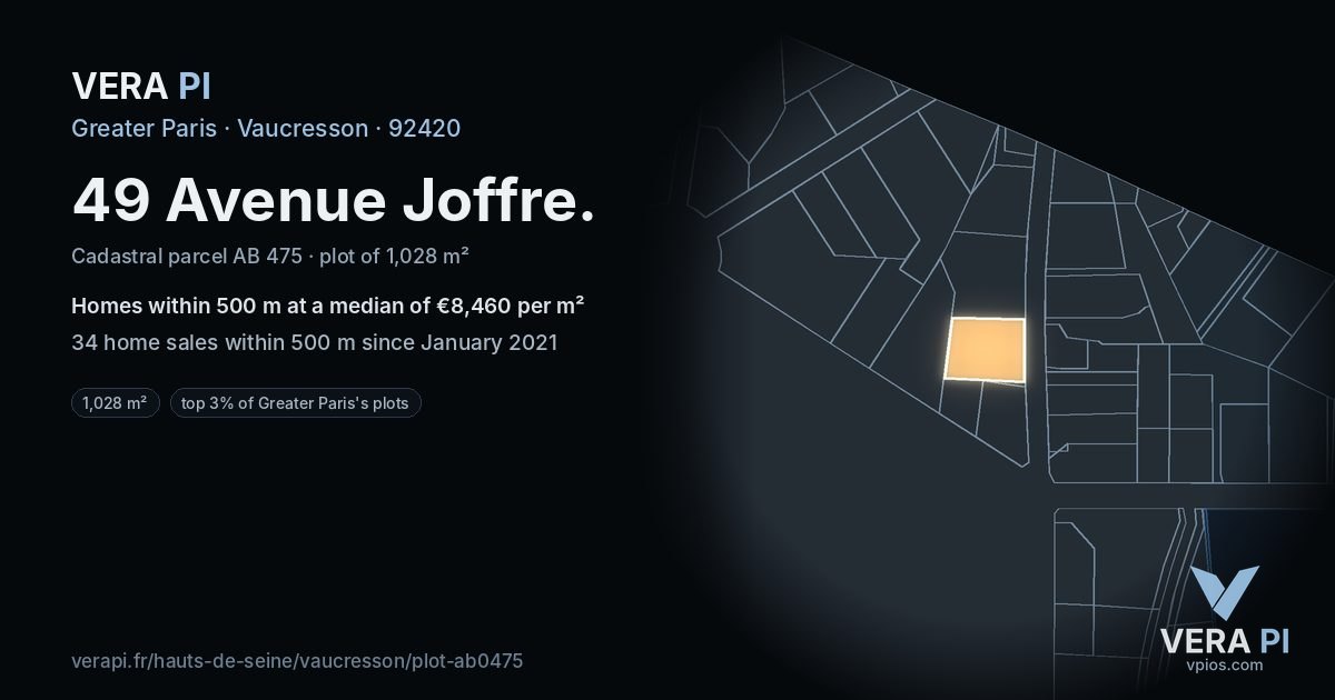 49 Avenue Joffre, Vaucresson at night – the plot lit, the parcels around coloured by the prices near them