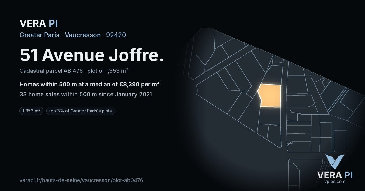 51 Avenue Joffre, Vaucresson at night – the plot lit, the parcels around coloured by the prices near them