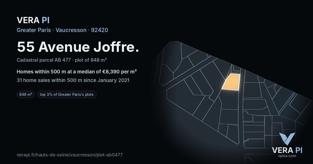 55 Avenue Joffre, Vaucresson at night – the plot lit, the parcels around coloured by the prices near them