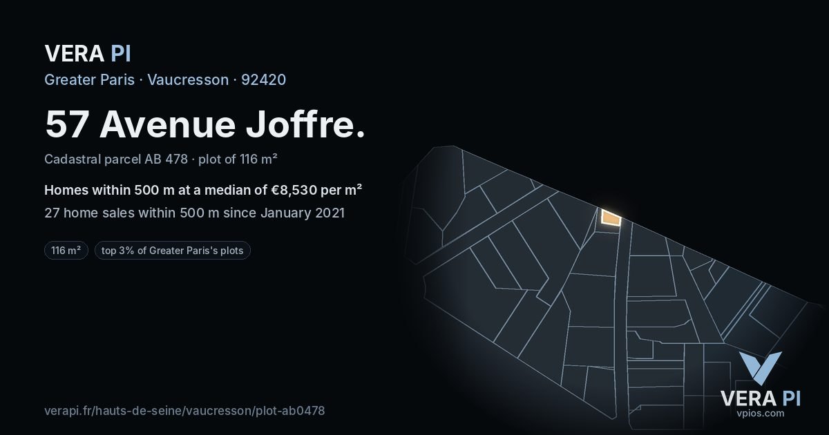 57 Avenue Joffre, Vaucresson at night – the plot lit, the parcels around coloured by the prices near them