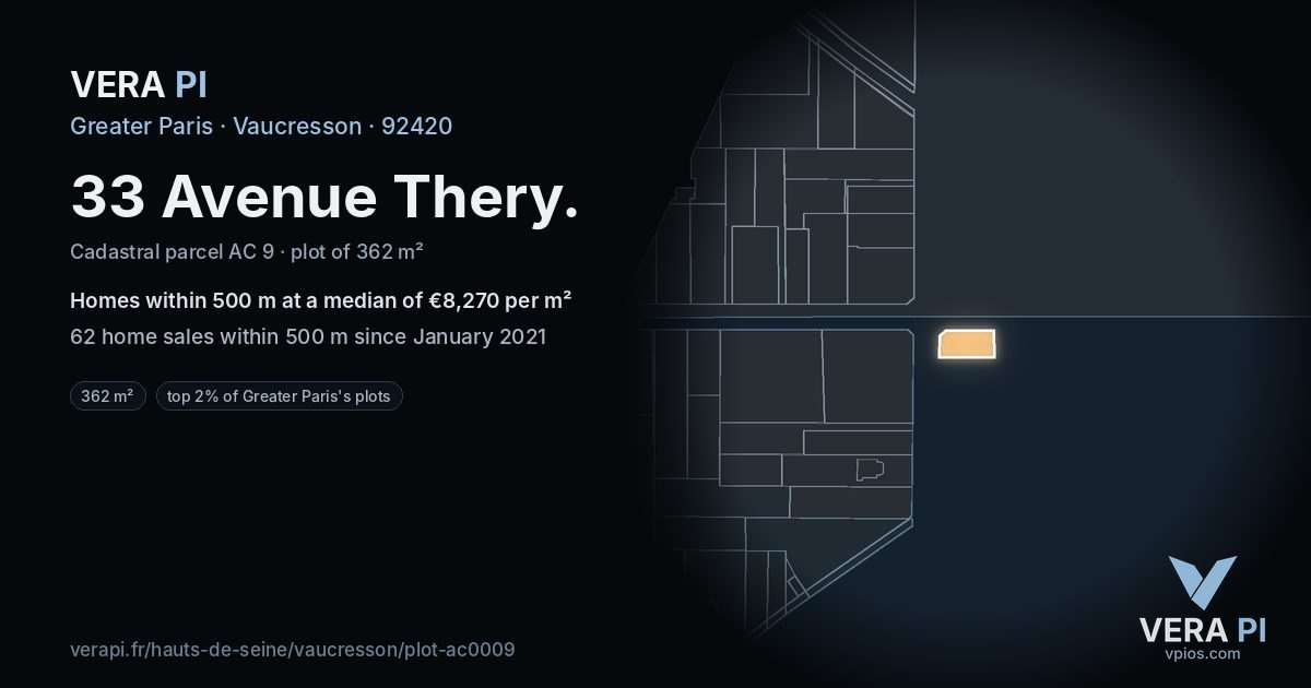 33 Avenue Thery, Vaucresson at night – the plot lit, the parcels around coloured by the prices near them