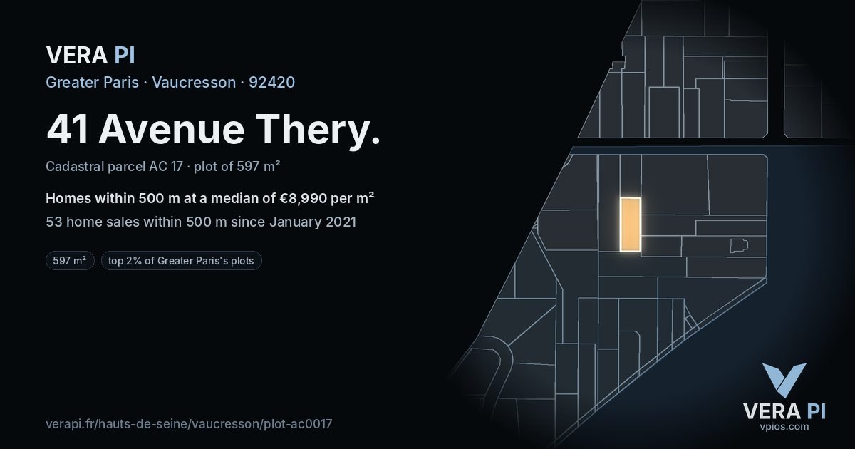 41 Avenue Thery, Vaucresson at night – the plot lit, the parcels around coloured by the prices near them