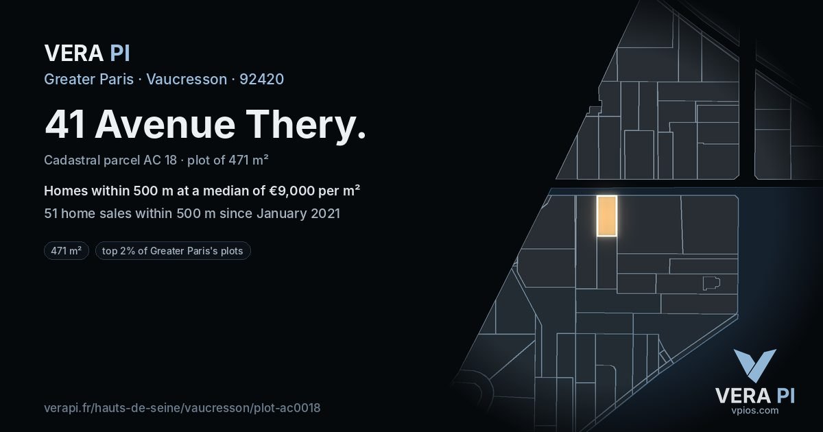 41 Avenue Thery, Vaucresson at night – the plot lit, the parcels around coloured by the prices near them