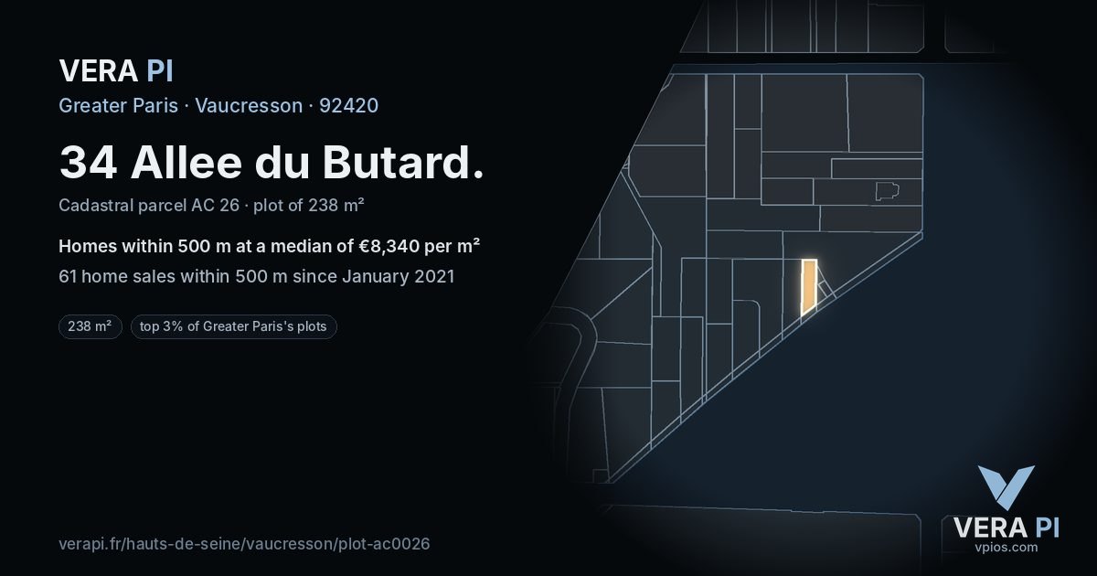 34 Allee du Butard, Vaucresson at night – the plot lit, the parcels around coloured by the prices near them
