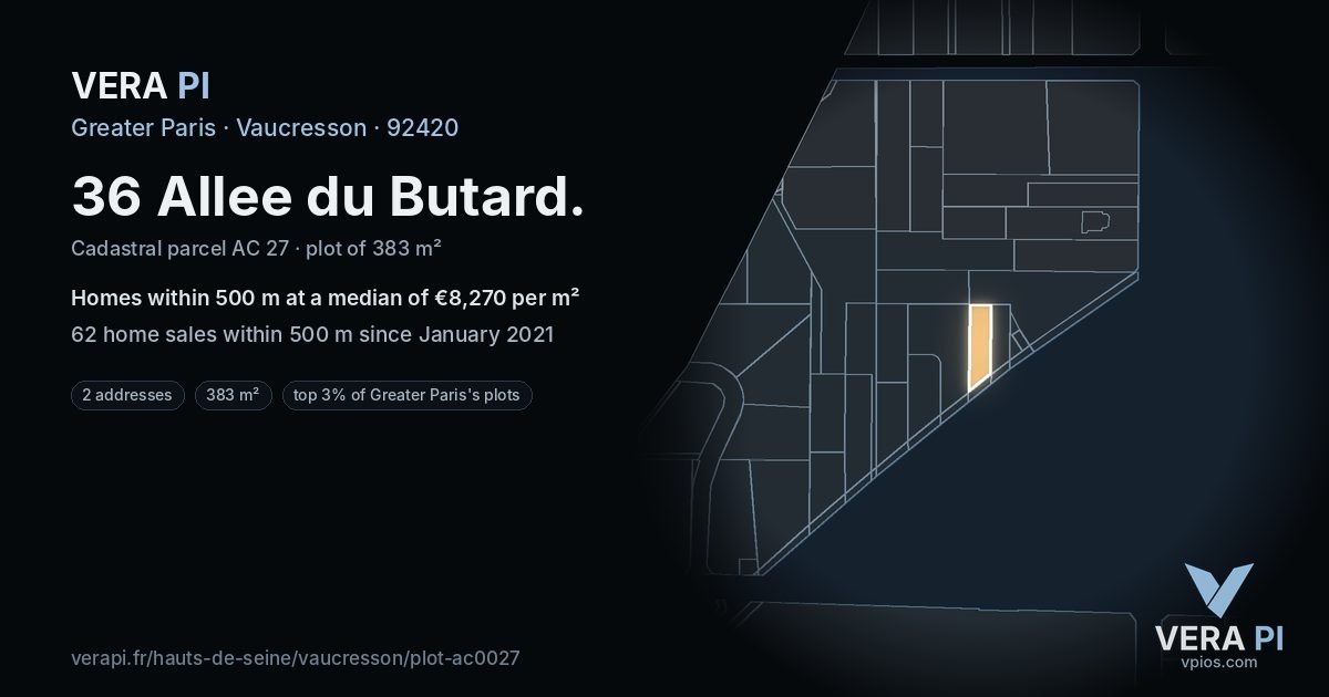36 Allee du Butard, Vaucresson at night – the plot lit, the parcels around coloured by the prices near them