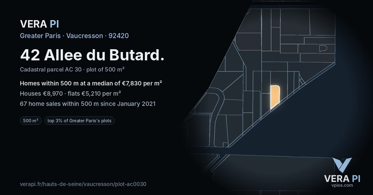 42 Allee du Butard, Vaucresson at night – the plot lit, the parcels around coloured by the prices near them
