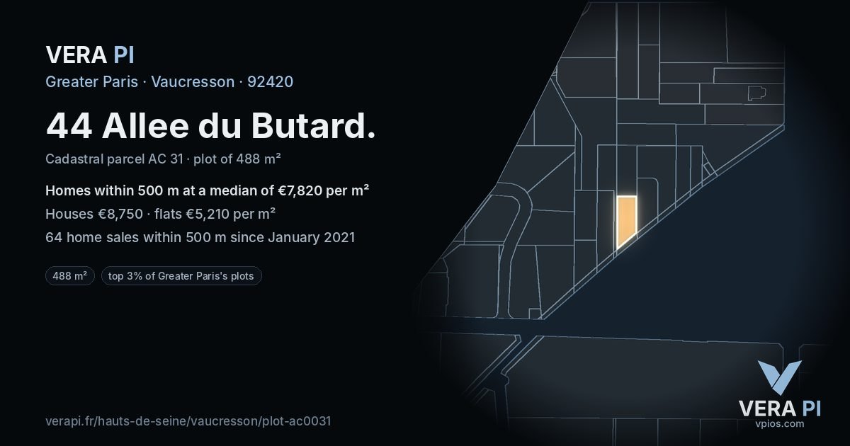44 Allee du Butard, Vaucresson at night – the plot lit, the parcels around coloured by the prices near them
