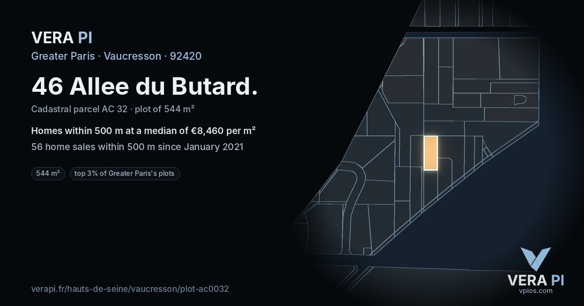 46 Allee du Butard, Vaucresson at night – the plot lit, the parcels around coloured by the prices near them