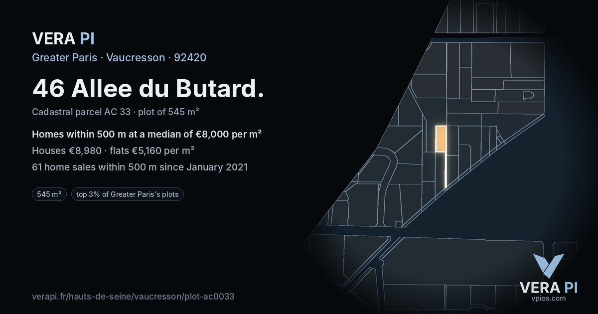 46 Allee du Butard, Vaucresson at night – the plot lit, the parcels around coloured by the prices near them