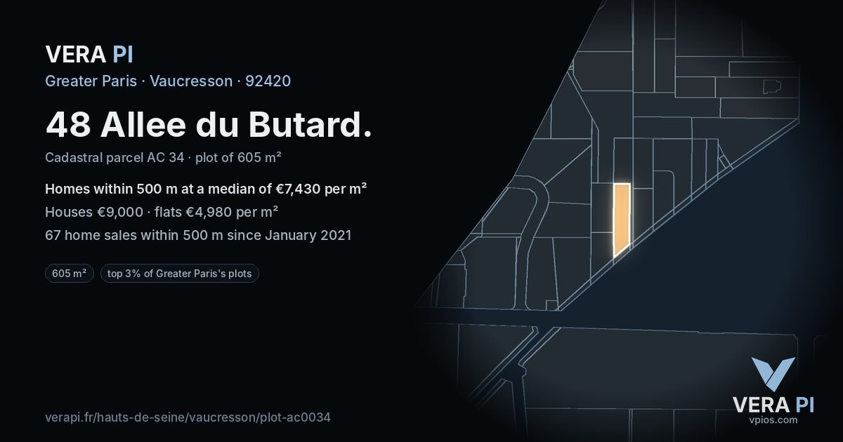 48 Allee du Butard, Vaucresson at night – the plot lit, the parcels around coloured by the prices near them
