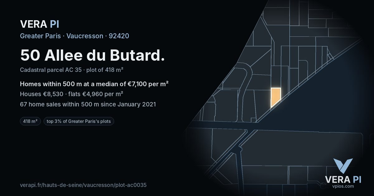 50 Allee du Butard, Vaucresson at night – the plot lit, the parcels around coloured by the prices near them