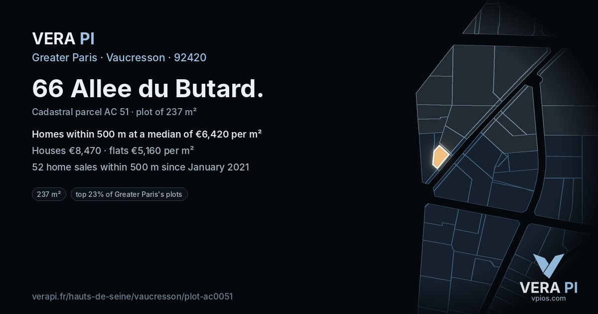 66 Allee du Butard, Vaucresson at night – the plot lit, the parcels around coloured by the prices near them