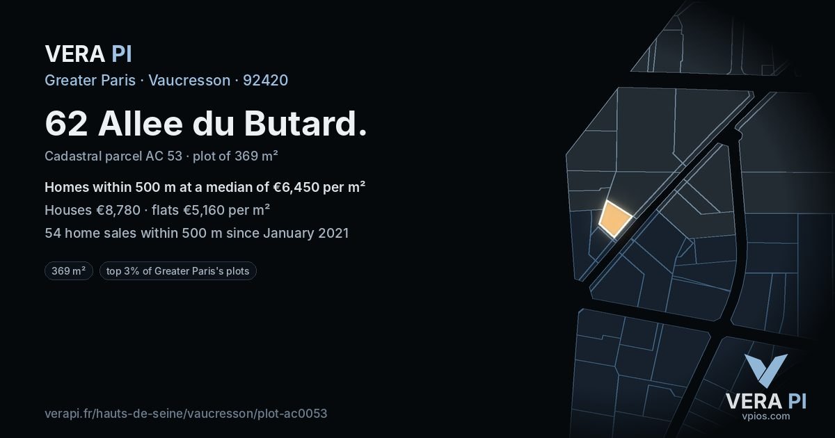 62 Allee du Butard, Vaucresson at night – the plot lit, the parcels around coloured by the prices near them