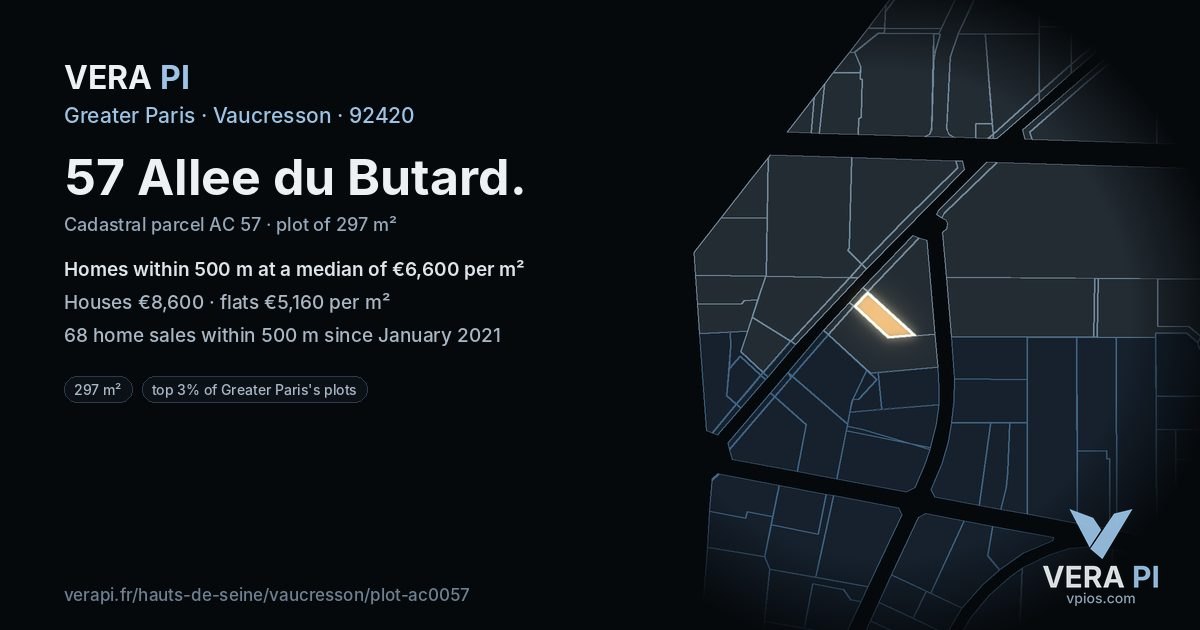 57 Allee du Butard, Vaucresson at night – the plot lit, the parcels around coloured by the prices near them