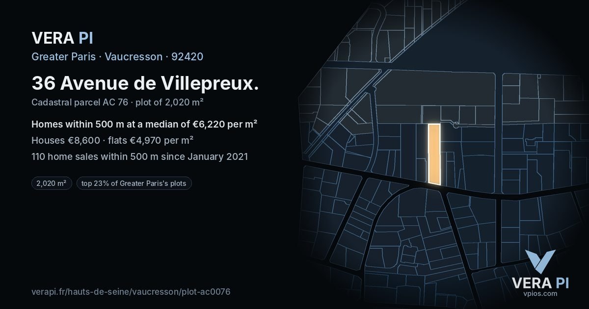 36 Avenue de Villepreux, Vaucresson at night – the plot lit, the parcels around coloured by the prices near them
