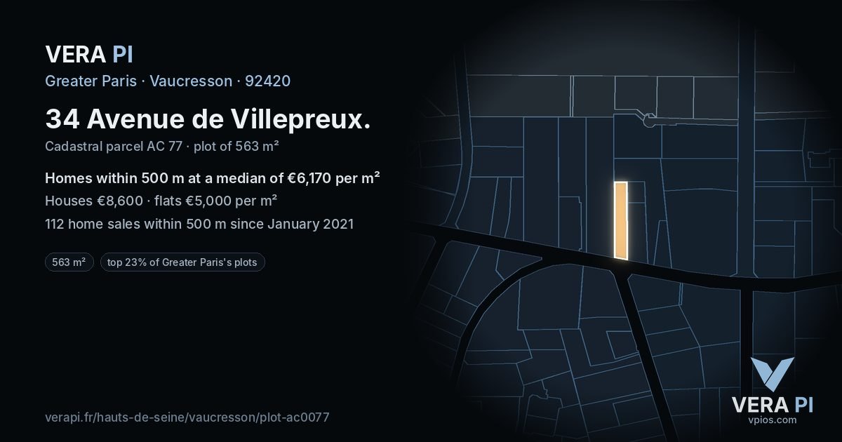 34 Avenue de Villepreux, Vaucresson at night – the plot lit, the parcels around coloured by the prices near them