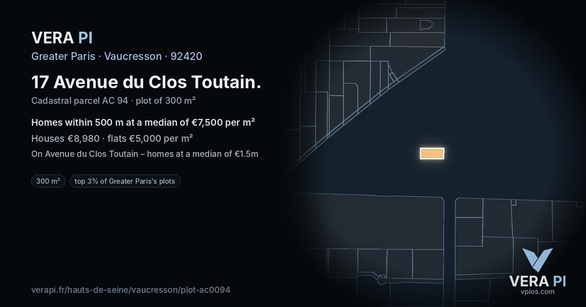 17 Avenue du Clos Toutain, Vaucresson at night – the plot lit, the parcels around coloured by the prices near them