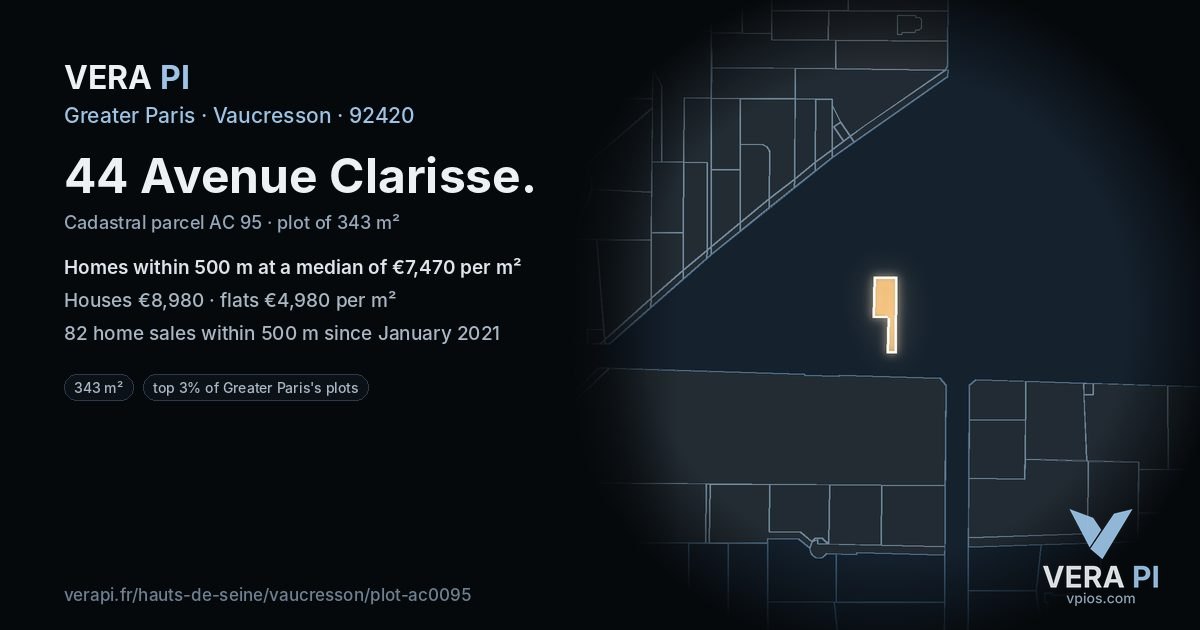44 Avenue Clarisse, Vaucresson at night – the plot lit, the parcels around coloured by the prices near them