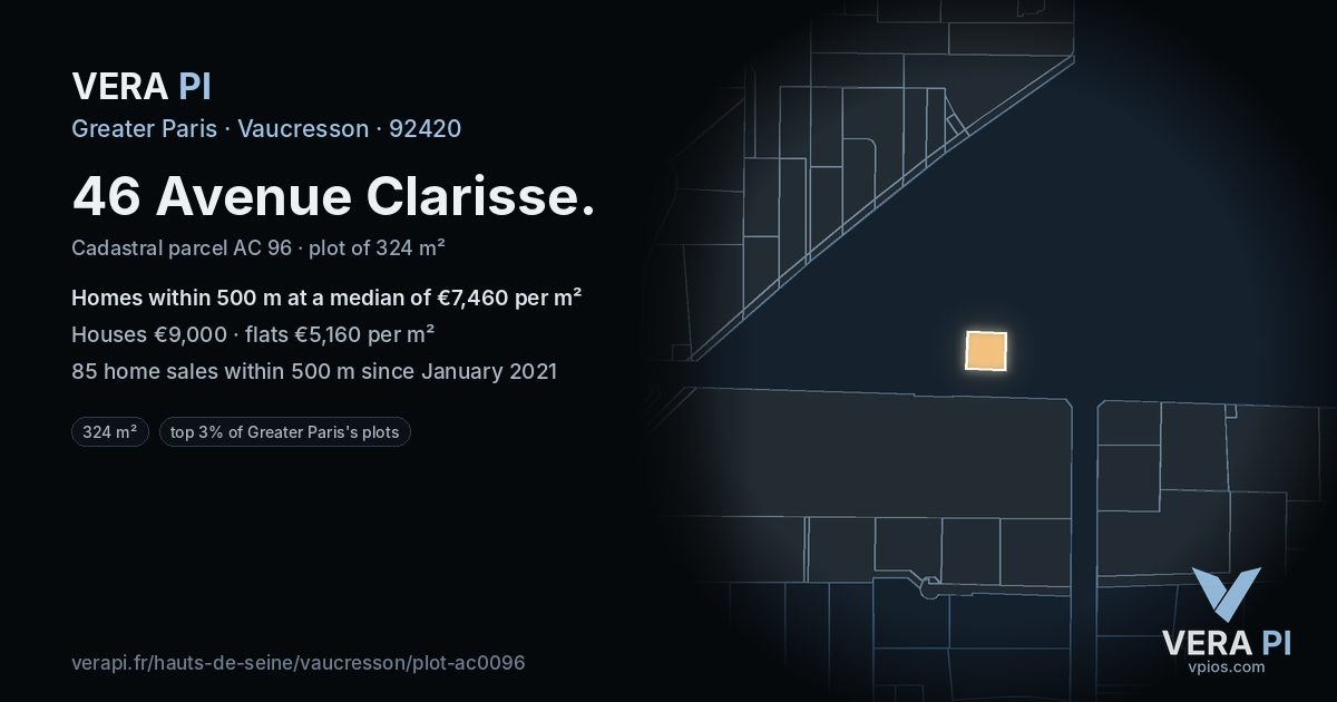 46 Avenue Clarisse, Vaucresson at night – the plot lit, the parcels around coloured by the prices near them