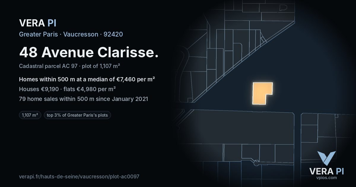 48 Avenue Clarisse, Vaucresson at night – the plot lit, the parcels around coloured by the prices near them