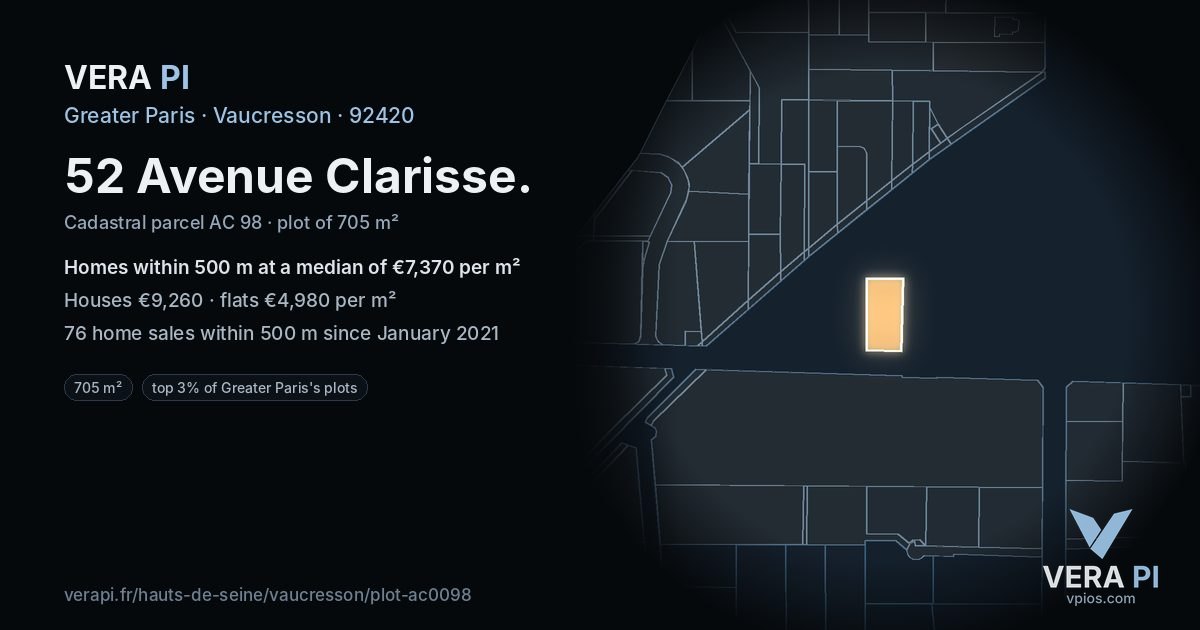 52 Avenue Clarisse, Vaucresson at night – the plot lit, the parcels around coloured by the prices near them
