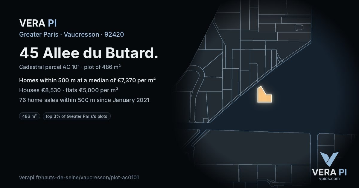 45 Allee du Butard, Vaucresson at night – the plot lit, the parcels around coloured by the prices near them