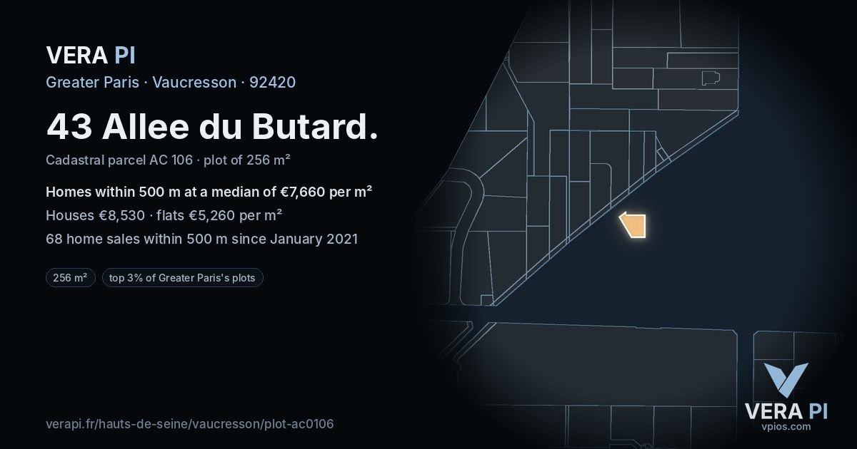 43 Allee du Butard, Vaucresson at night – the plot lit, the parcels around coloured by the prices near them