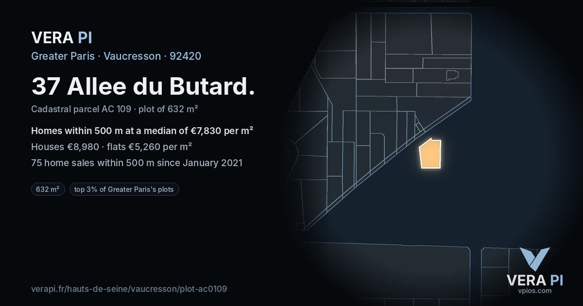 37 Allee du Butard, Vaucresson at night – the plot lit, the parcels around coloured by the prices near them
