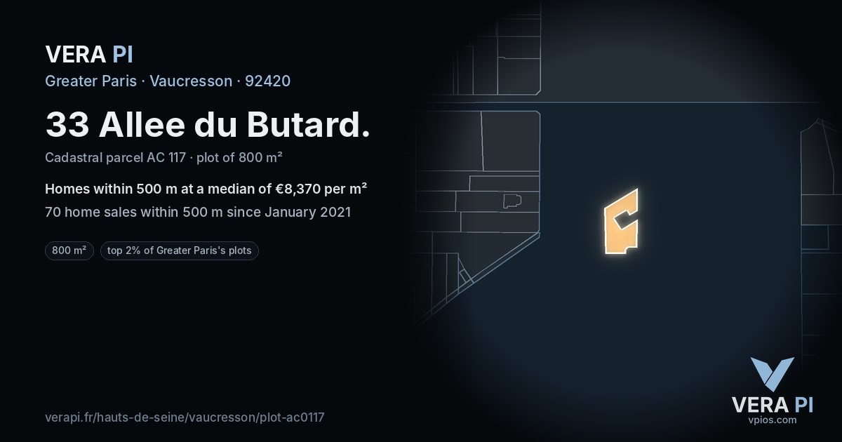 33 Allee du Butard, Vaucresson at night – the plot lit, the parcels around coloured by the prices near them