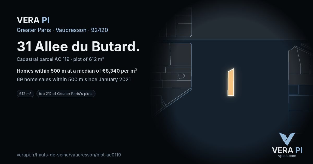 31 Allee du Butard, Vaucresson at night – the plot lit, the parcels around coloured by the prices near them