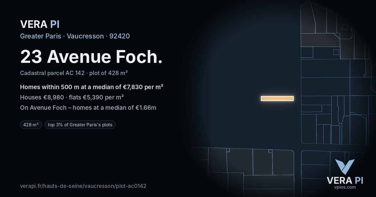 23 Avenue Foch, Vaucresson at night – the plot lit, the parcels around coloured by the prices near them