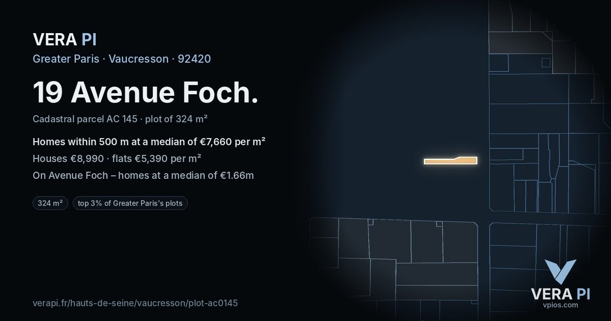 19 Avenue Foch, Vaucresson at night – the plot lit, the parcels around coloured by the prices near them