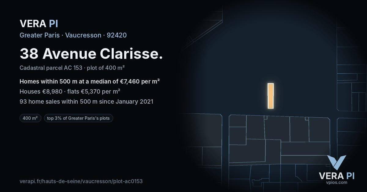 38 Avenue Clarisse, Vaucresson at night – the plot lit, the parcels around coloured by the prices near them