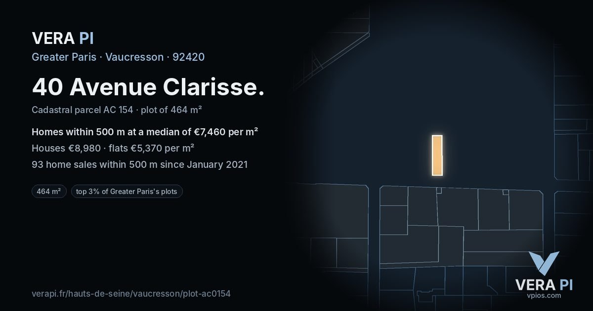 40 Avenue Clarisse, Vaucresson at night – the plot lit, the parcels around coloured by the prices near them