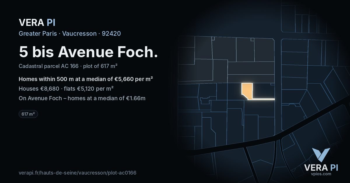 5 bis Avenue Foch, Vaucresson at night – the plot lit, the parcels around coloured by the prices near them