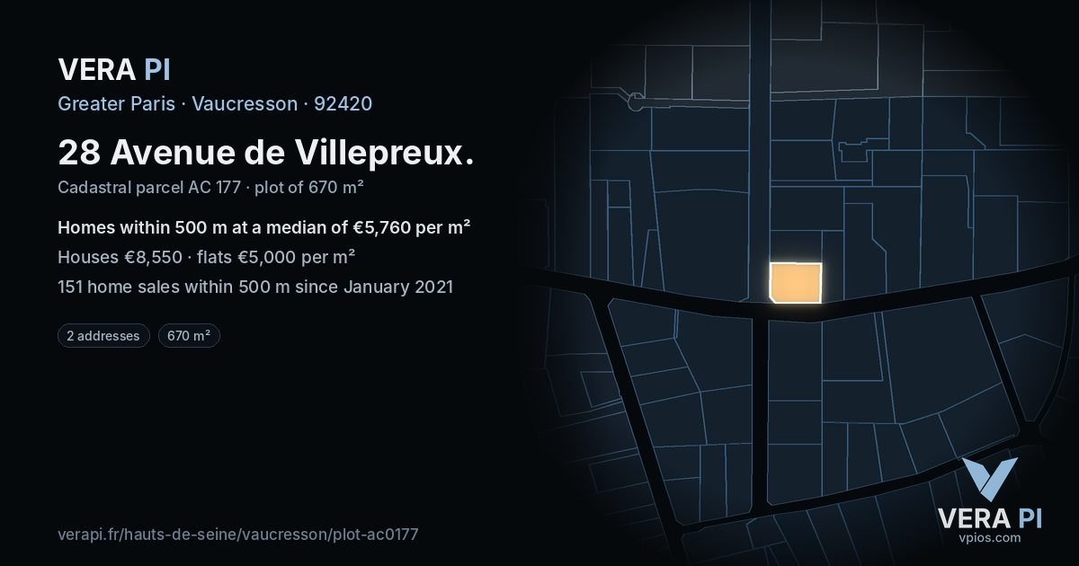 28 Avenue de Villepreux, Vaucresson at night – the plot lit, the parcels around coloured by the prices near them