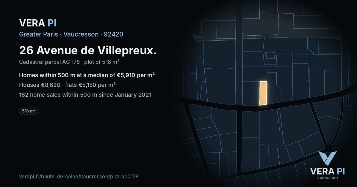 26 Avenue de Villepreux, Vaucresson at night – the plot lit, the parcels around coloured by the prices near them
