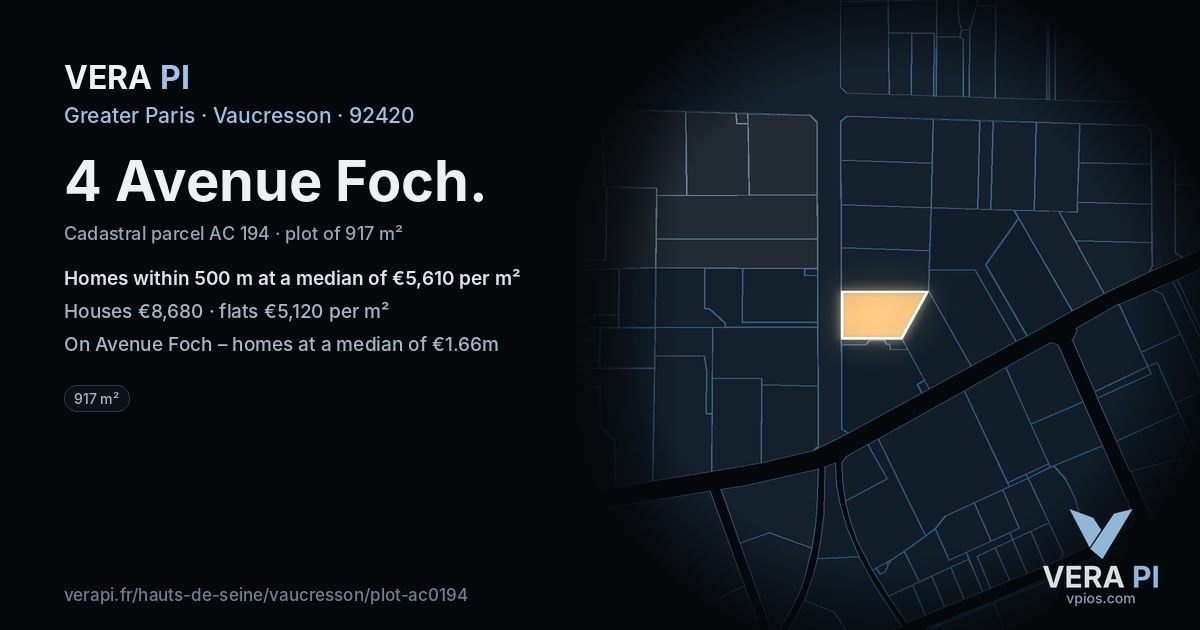 4 Avenue Foch, Vaucresson at night – the plot lit, the parcels around coloured by the prices near them